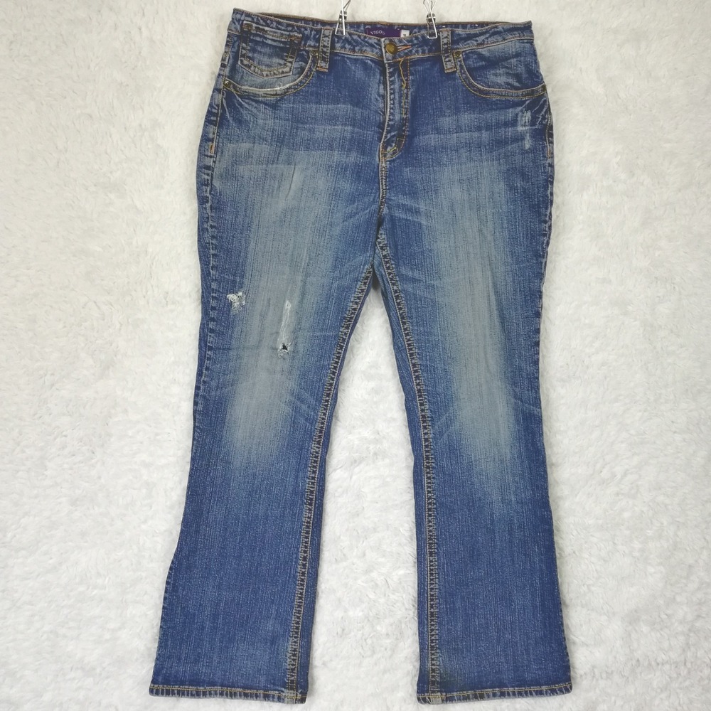 Vigoss Womens Jeans Boot Cut Blue Denim Medium Wash Distressed Whiskered Plus 18